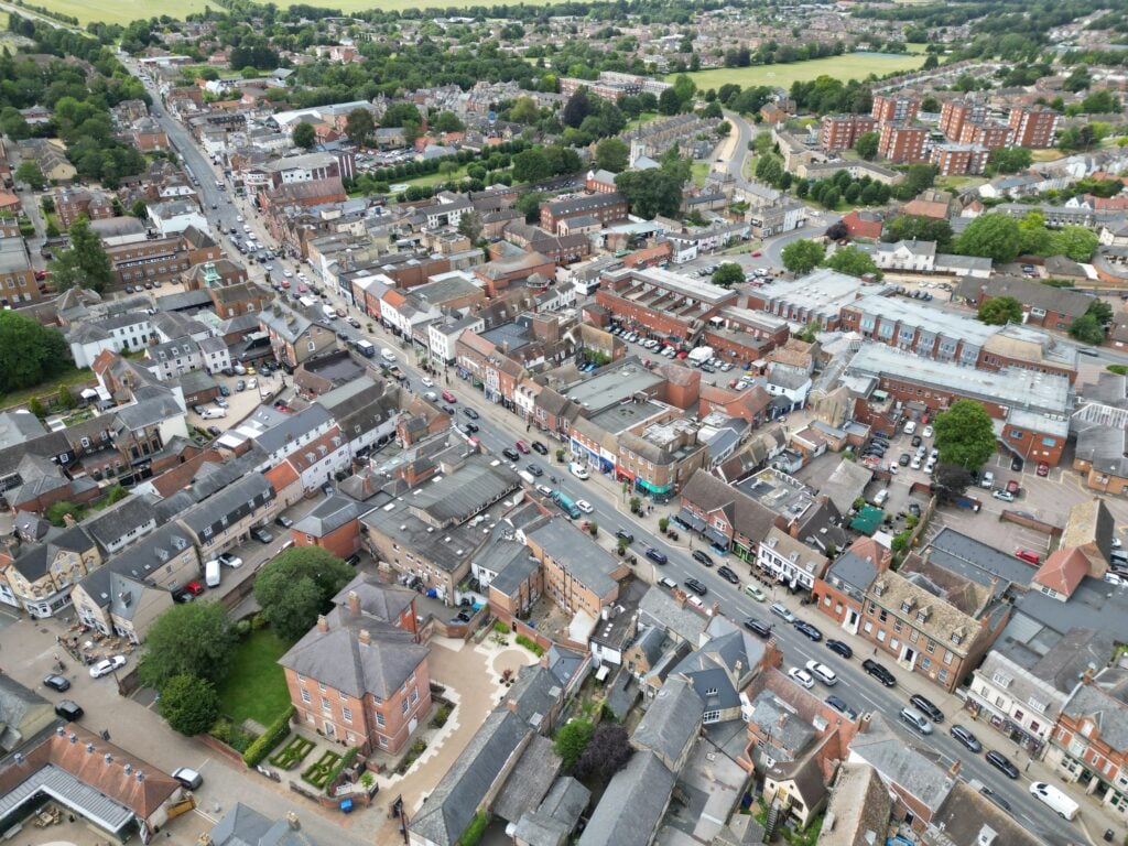 High street Newmarket town Suffolk England Aerial drone,aerial high angle