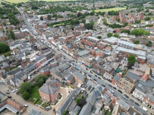 High street Newmarket town Suffolk England Aerial drone,aerial high angle